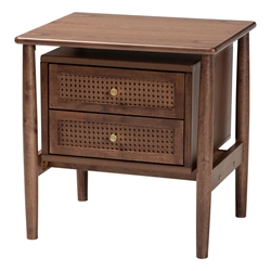 Baxton Studio Alyssa Japandi Walnut Brown Wood 2-Drawer Nightstand Woven with Rattan